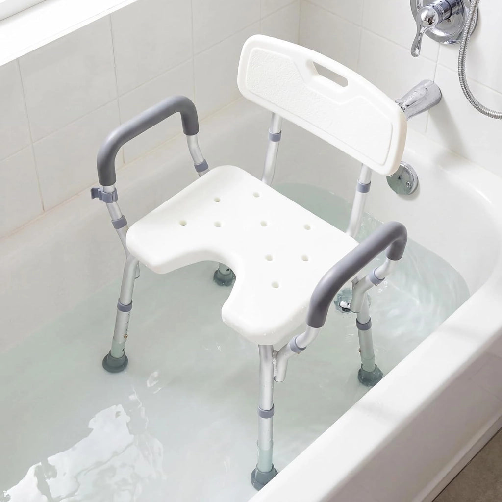 Sedia da Doccia Anziani, Sgabello da Doccia Antiscivolo con Braccioli e Schienale, Sedile a Forma di U e Altezza Regolabile, in Alluminio Resistente, per Disabili e Donne Incinte