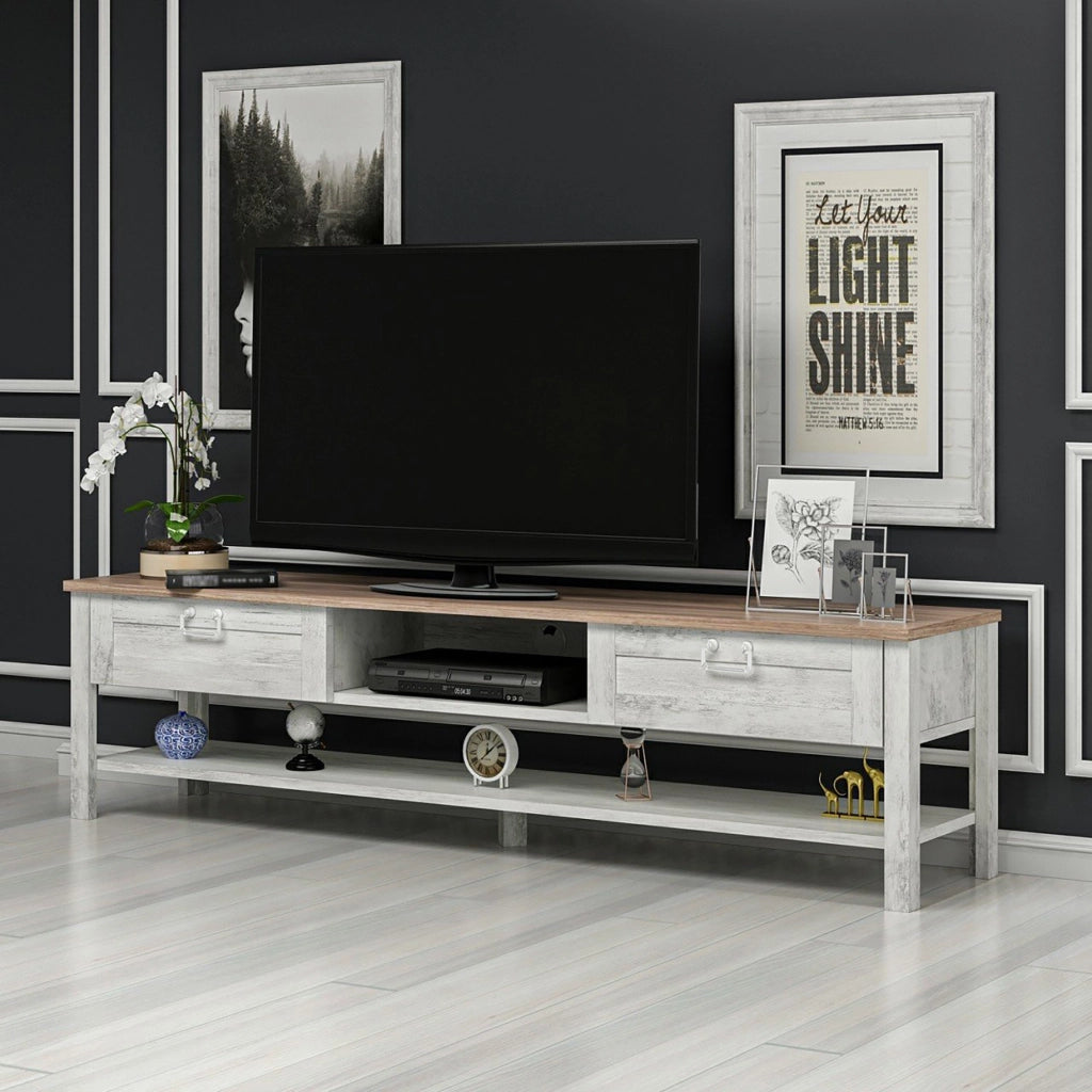 Mobile Basso Porta TV 'Hashøj' con Ripiani e Scomparti Chiusi con Ante a Ribalta - Rovere / Bianco Antico [en.casa]
