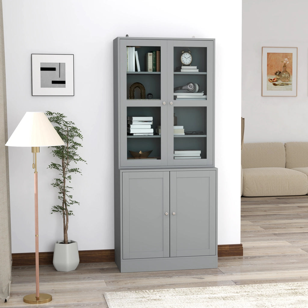 Libreria a 6 livelli con ante in vetro ¨C zephmum ¨C Grigio 80x30x200