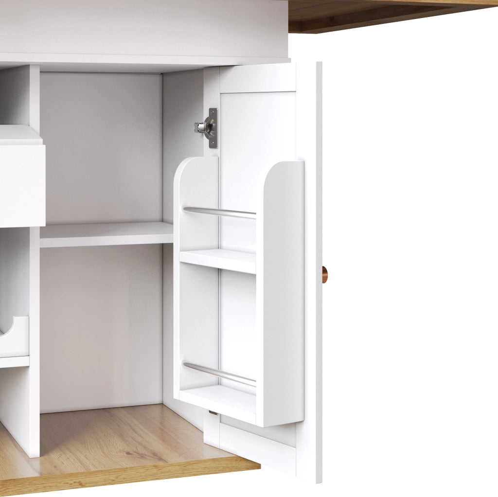 Tavolo allungabile 110-140x80x75 cm con anta; cassetto e ripiani; bianco e naturale