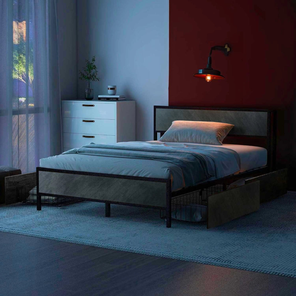 Hekla - Struttura letto matrimoniale in legno e metallo con 4 cassetti, 162x195 cm colore cemento