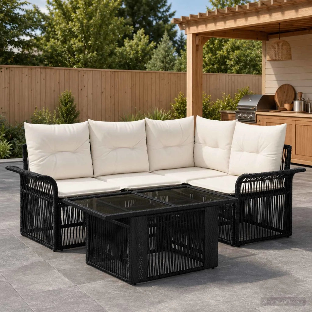 Set Divano da Giardino 5 pz Nero e Bianco Crema polyrattan 3436633