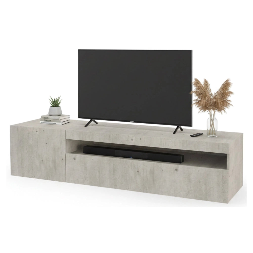 Mobile da soggiorno Porta Ardy, Made in Italy, Credenza per Ardy a 2 ante, Porta Ardy da salotto, cm 150x40h37, Cemento, con luce LED blu