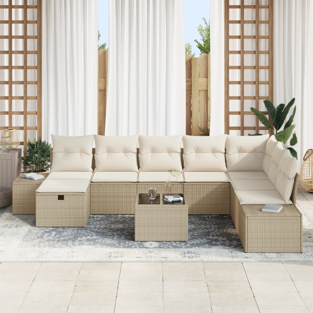 Set Divano da Giardino 9 Pezzi con Cuscini Beige Polyrattan