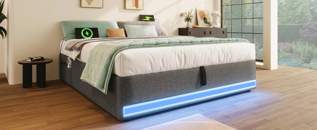 DESMIU Letto matrimoniale 140 × 200 cm 2 posti con LED, USB, Type-C e vano idraulico, senza materasso, in lino, grigio