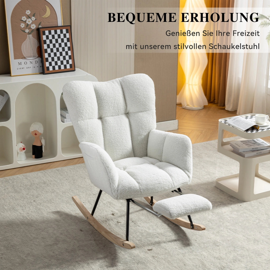 OKWISH Poltrona a Dondolo con Poggiapiedi Pieghevole, Schienale Alto Ergonomico e Braccioli Imbottiti, Teddy, Bianco