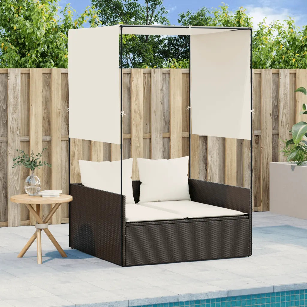 Lettino Prendisole | Sdraio da giardino | Lettino da sole con Tetto e Tende Marrone in Polyrattan
