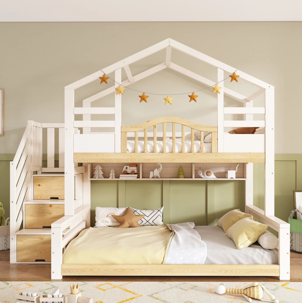 Letto a castello a casetta con scaletta contenitore 90/140x200 cm; bianco e legno