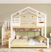 Letto a castello a casetta con scaletta contenitore 90/140x200 cm; bianco e legno