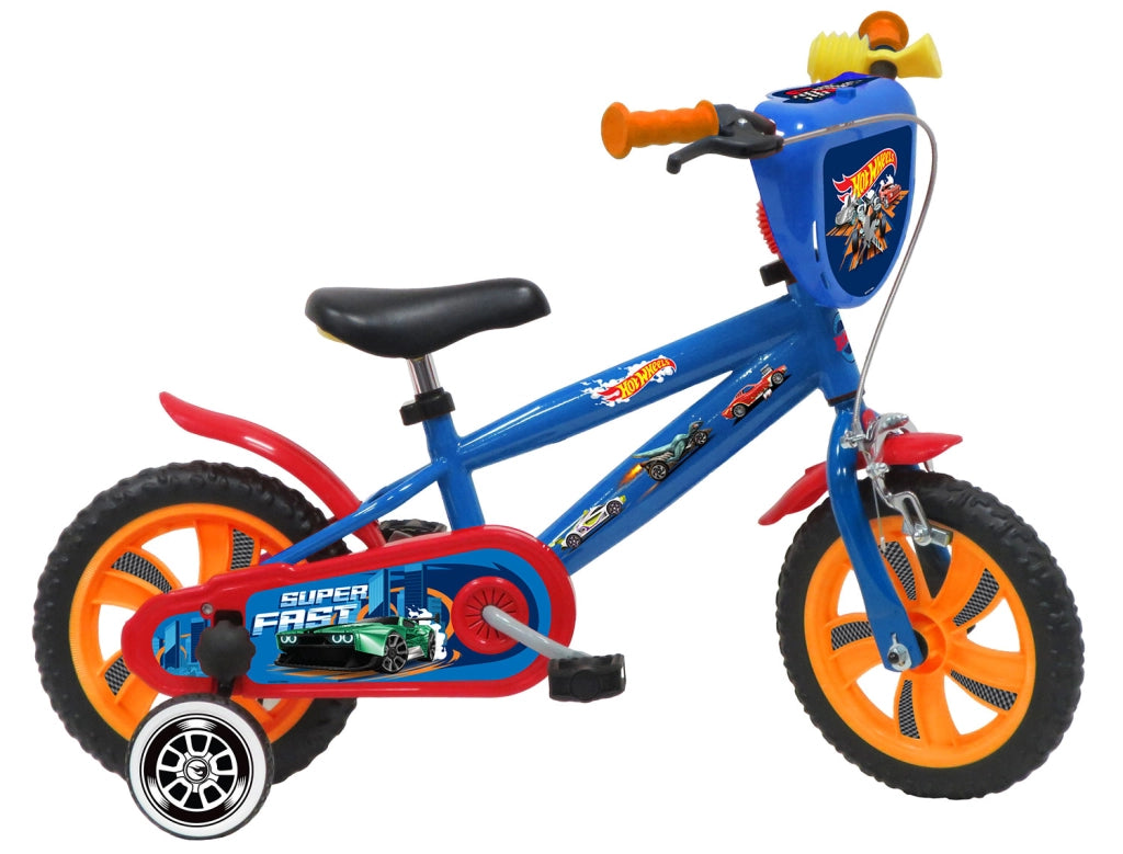 Bicicletta per Bambini 12" Hot Wheels Freno Caliper e Stabilizzatori in Acciaio Hi-Ten Blu e Rosso