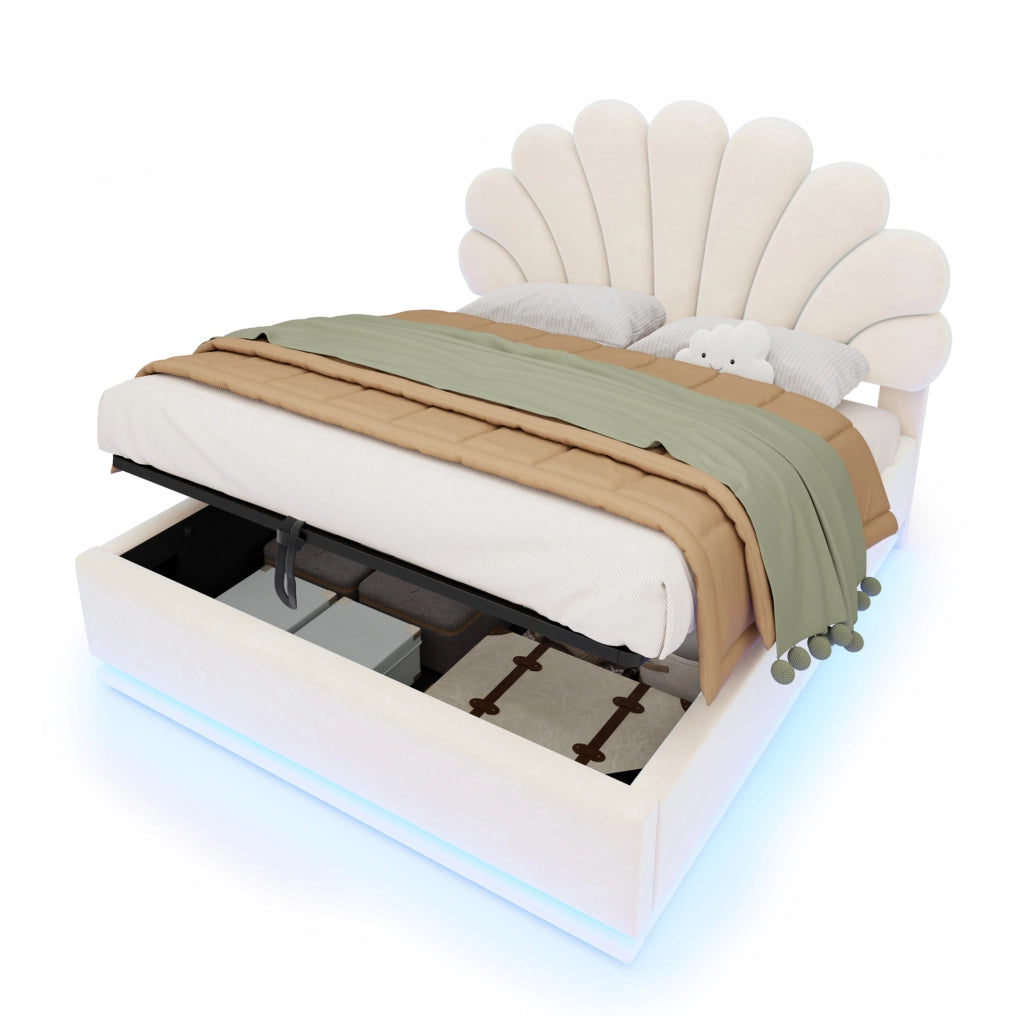 Letto imbottito 140x200 cm in velluto beige con LED e vano
