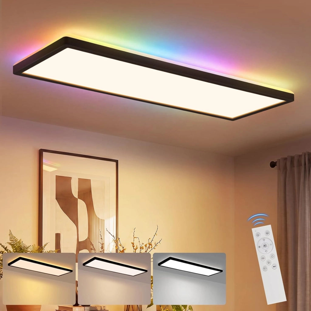 ZMH Lampada da soffitto LED Pannello Dimmabile Lungo Luce Diurna Retroilluminazione RGB Ufficio 22W per Soggiorno Nero