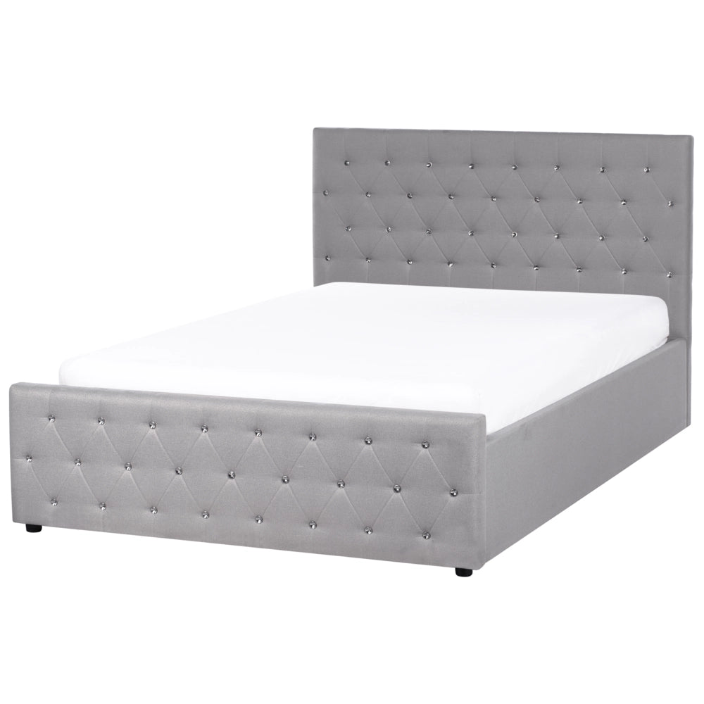 Letto matrimoniale imbottito in poliestere grigio chiaro con testata imbottita con pouf 140 x 200 cm testiera doppia trapuntata