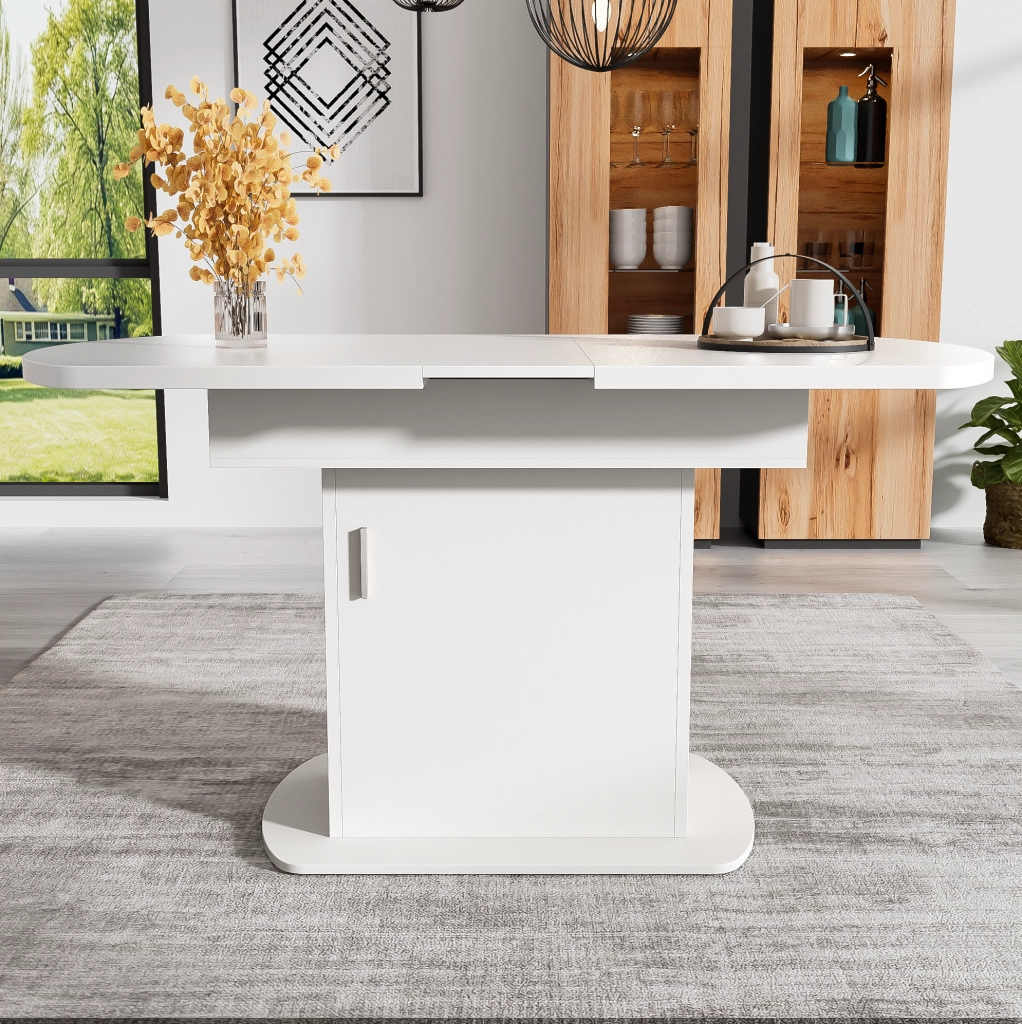 Tavolo da pranzo allungabile ovale 110/130x70x75 cm con contenitore; bianco e argento