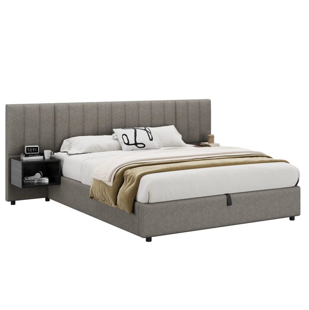 Letto matrimoniale 160x200 cm con contenitore idraulico e 2 comodini; in lino grigio e nero