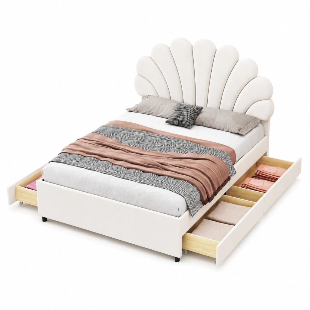 Letto imbottito 140x200 cm con 4 cassetti e testiera a fiore; velluto beige (Senza materasso)