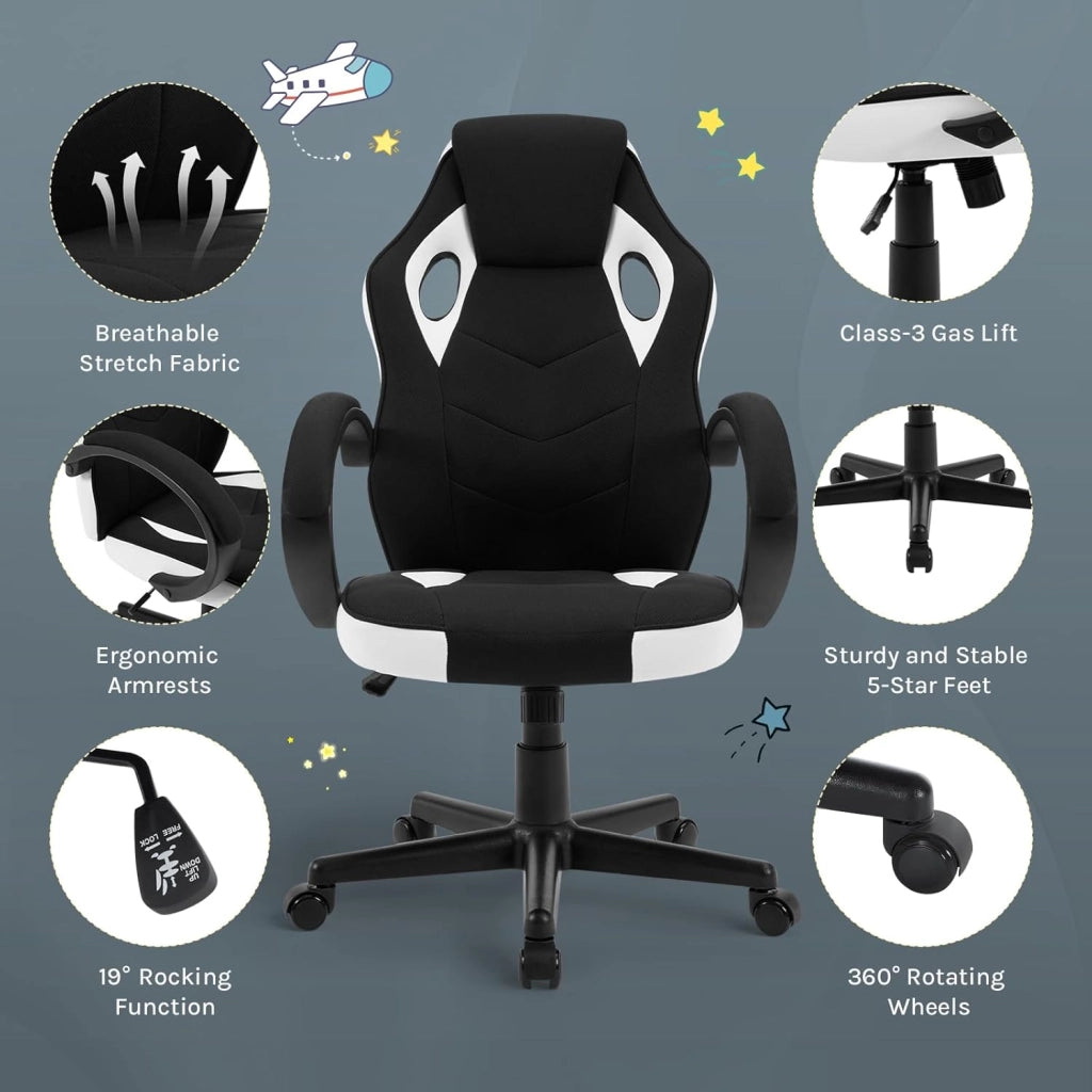 Sedia Gaming, Sedia per PC, Ergonomica con Tessuto Traspirante, Altezza Regolabile, Ruote, Schienale, Braccioli e Funzione Basculante, Nero+Bianco