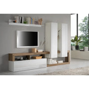 Set mobili soggiorno con contenitori, collezione BURA, bianco lucido laccato/quercia mercurio