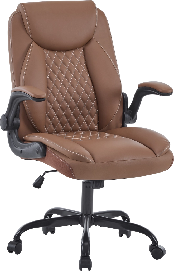 Sedia da ufficio ergonomica in pelle con supporto lombare braccioli ribaltabili e seduta imbottita marrone