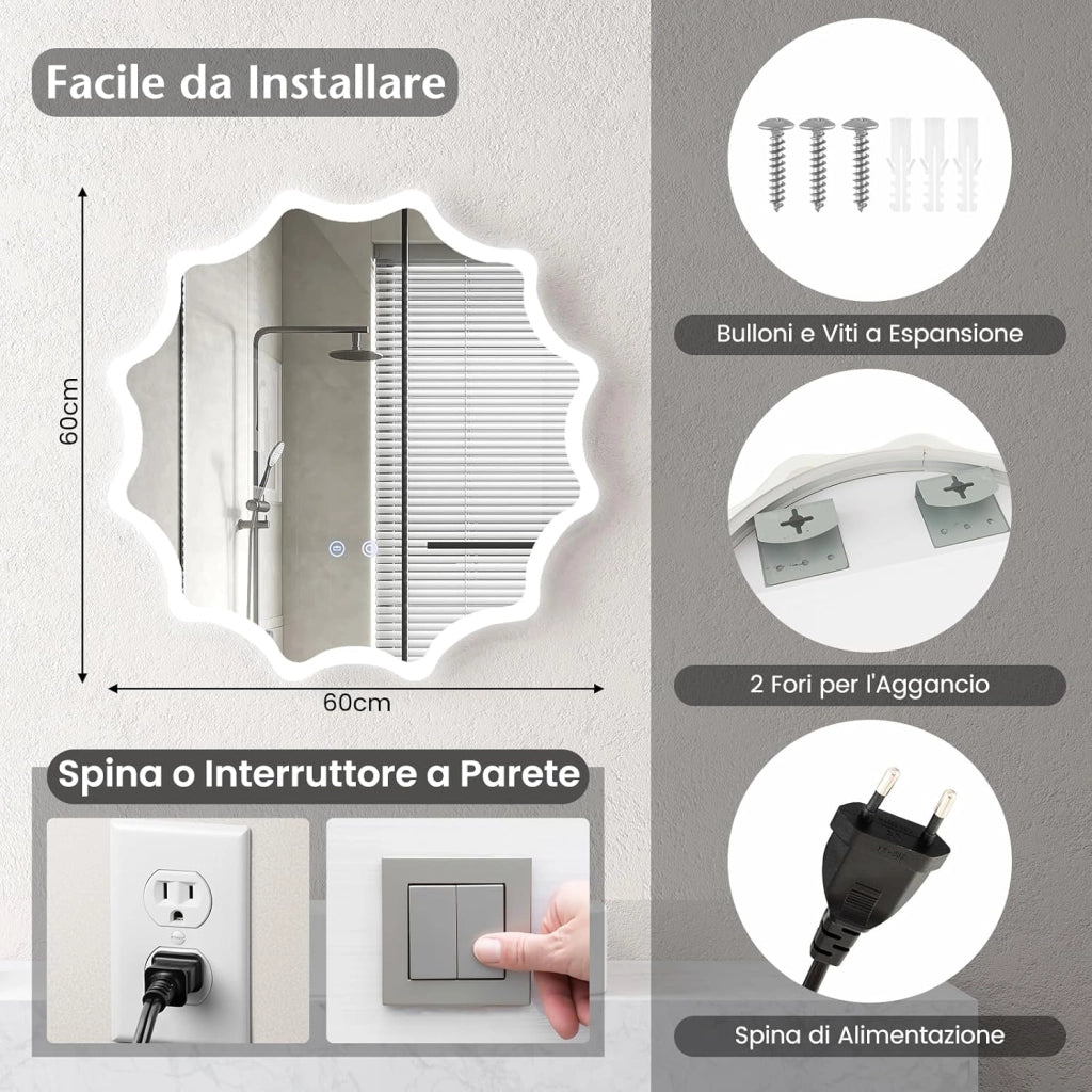 60x60cm Specchio da Bagno a LED, Specchio da Parete Rotondo con Bordo Ondulato, Luci 3 Colori e Anti-appannamento, Specchio per Trucco Illuminato Regolabile con Luce Anti-esplosione e Pulsante