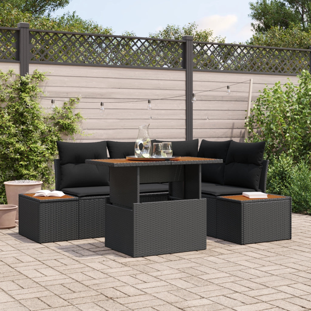 Set pranzo giardino 5 pezzi con cuscini Nero Polyrattan Acacia