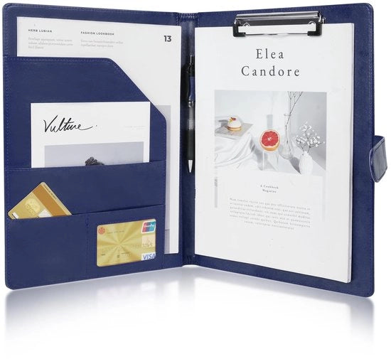 Organizzatore di documenti A4, cartellino PU, cartellino con blocco note, cartellino documenti, organizzatore di portfolio magnetico con chiusura - blu