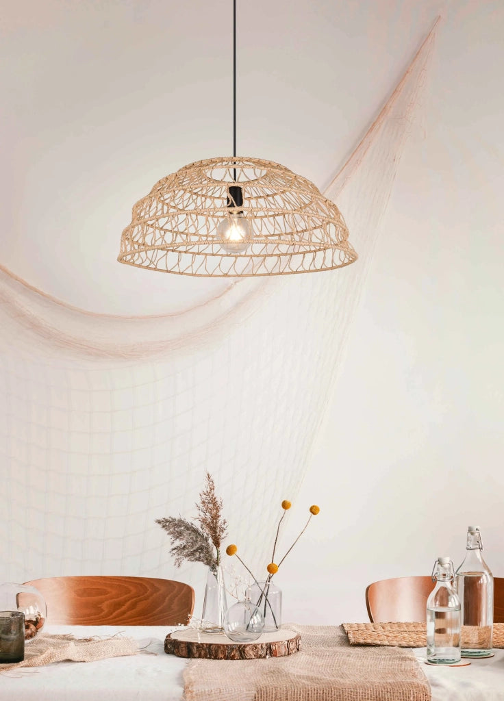 Lampada a sospensione, fibre naturali e metallo nero, D 60 cm, Paulette
