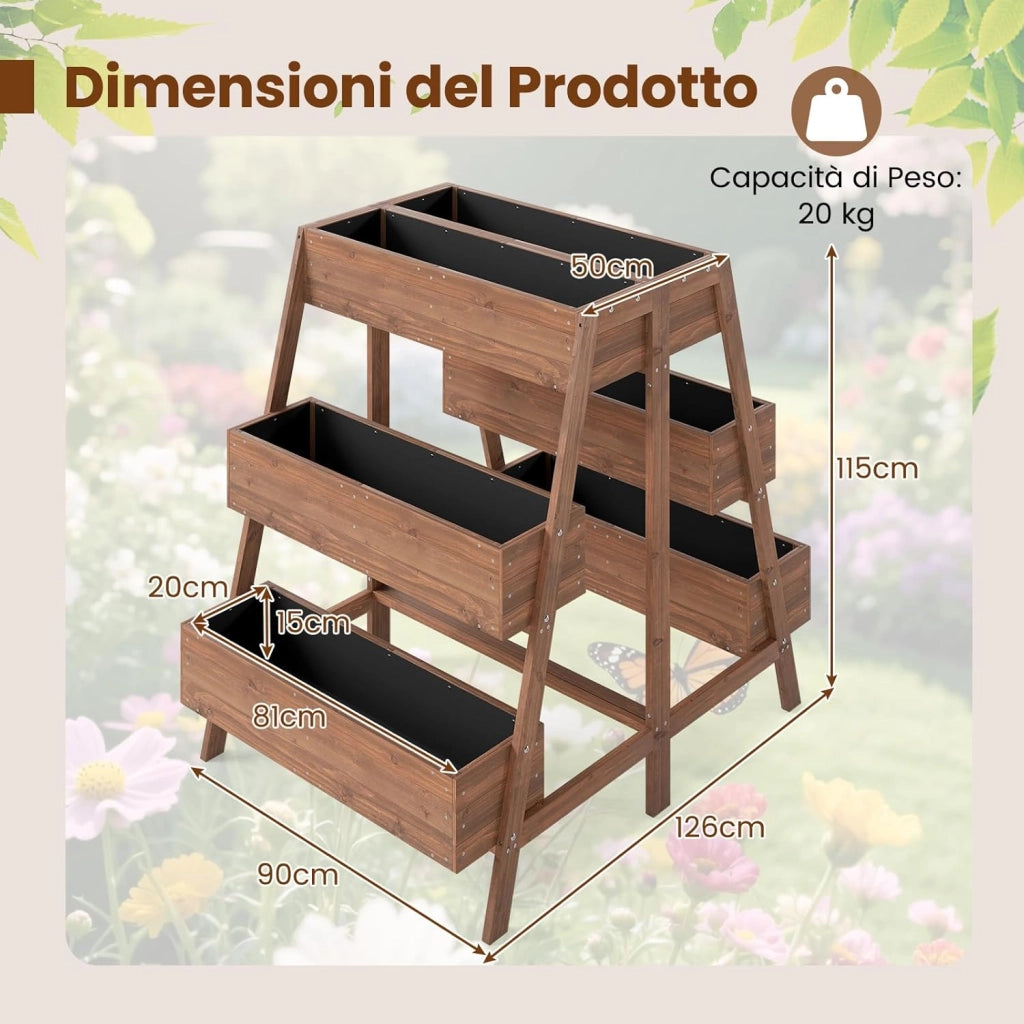 Orto Rialzato a 3 Livelli, Fioriere Rialzate in Legno Massello con Base Doghe e Tessuto, Aiuola Verticale per Piante da Interno ed Esterno per Giardino, Patio e Balcone, 126 x 90 x 115 cm