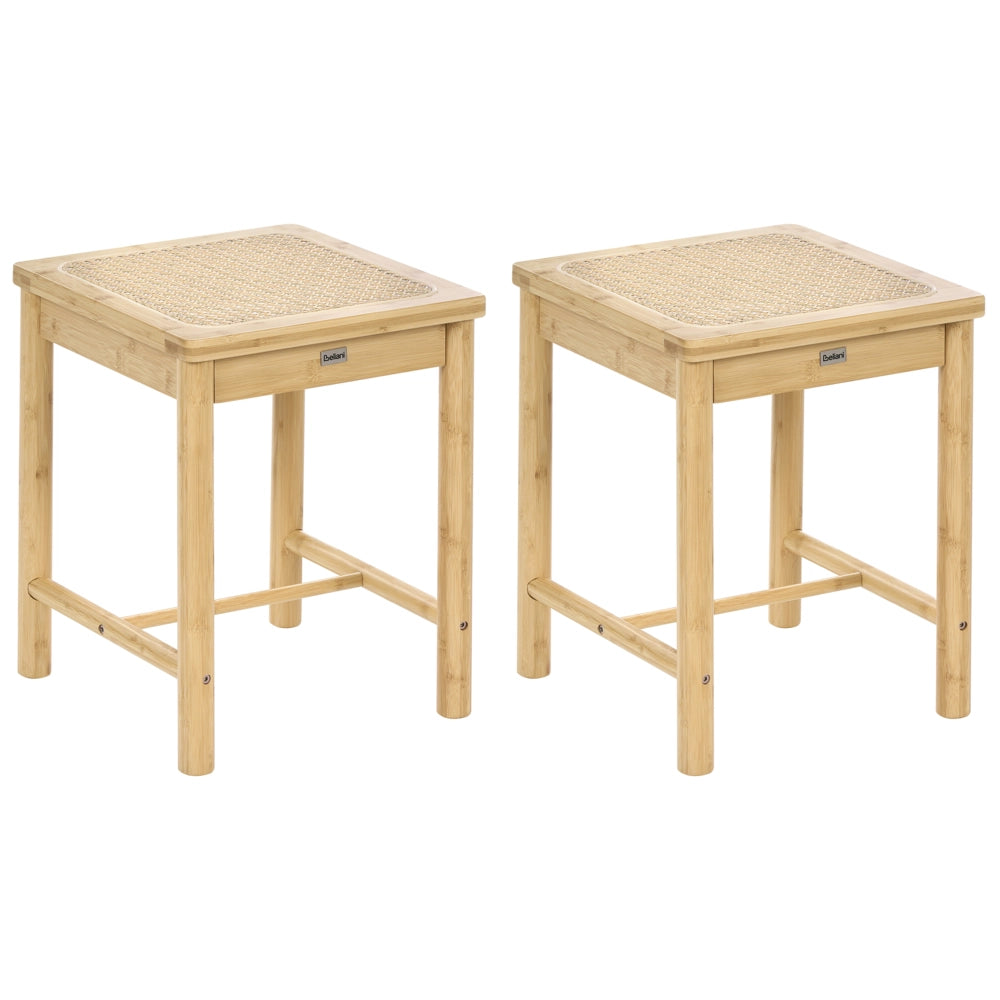 Set di 2 sgabelli in legno di bambù marrone chiaro con seduta intrecciata in rattan PE, stile boho, per cucina e sala da pranzo