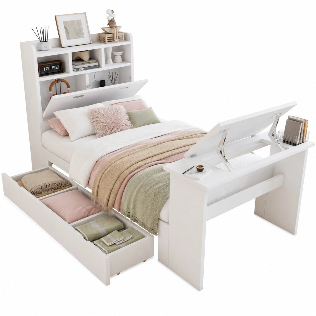 Letto con Cassetti 90x200 cm; Letto Singolo - Tavolo Pieghevole e Mensole - Bianco