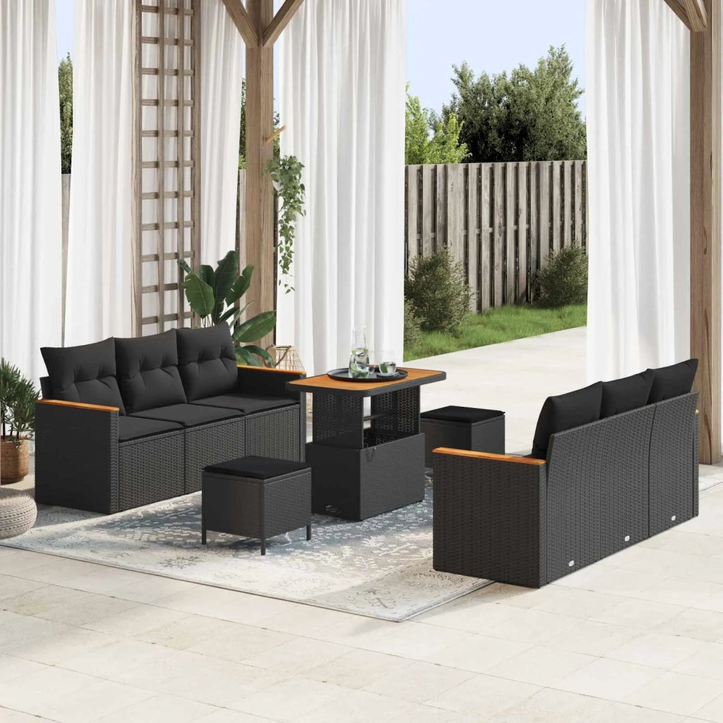 Set Divano da Giardino con cuscino 11 pcs Nero polyrattan