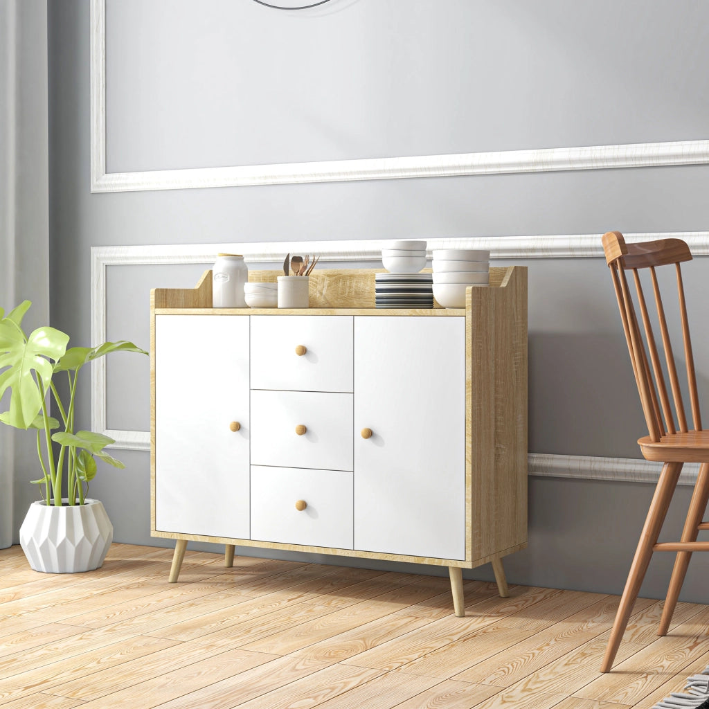 Credenza Moderna con Cassetti e Armadietti ¨C Zephmum ¨C Legno di Pino, Bianco, 90x32x80 cm