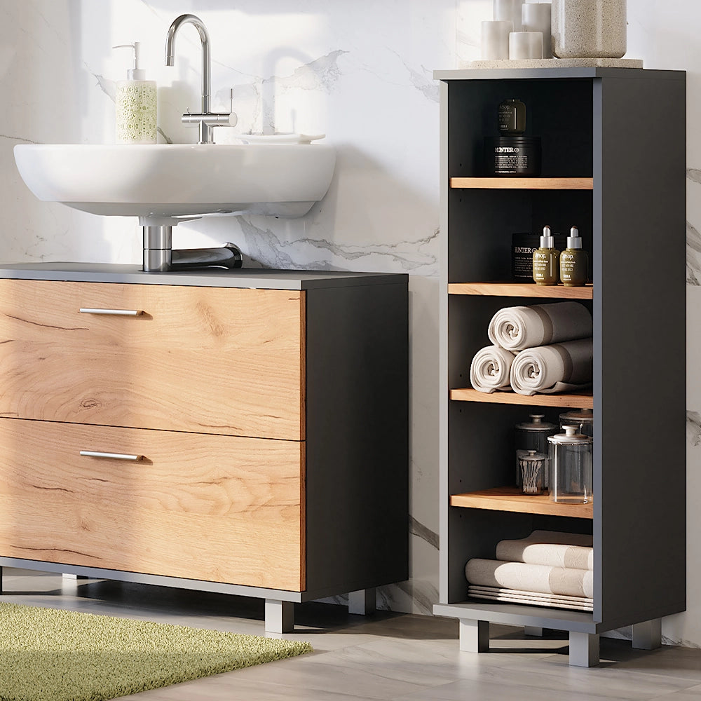 Vicco Mobiletto midi Antracite/quercia dorata 30.2 x 95 cm con 5 scomparti aperti
