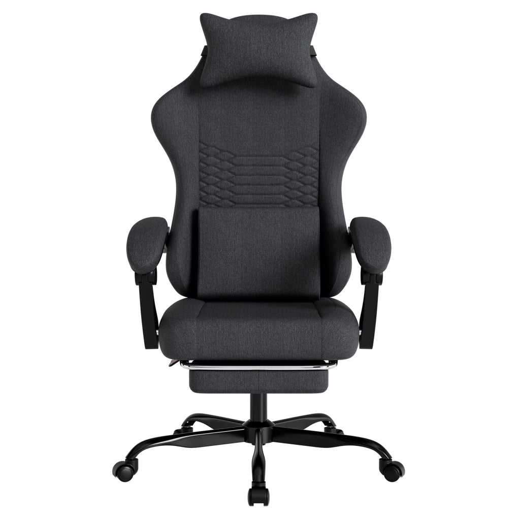 Sedia gaming ergonomica in tessuto nero con poggiatesta; supporto lombare e poggiapiedi