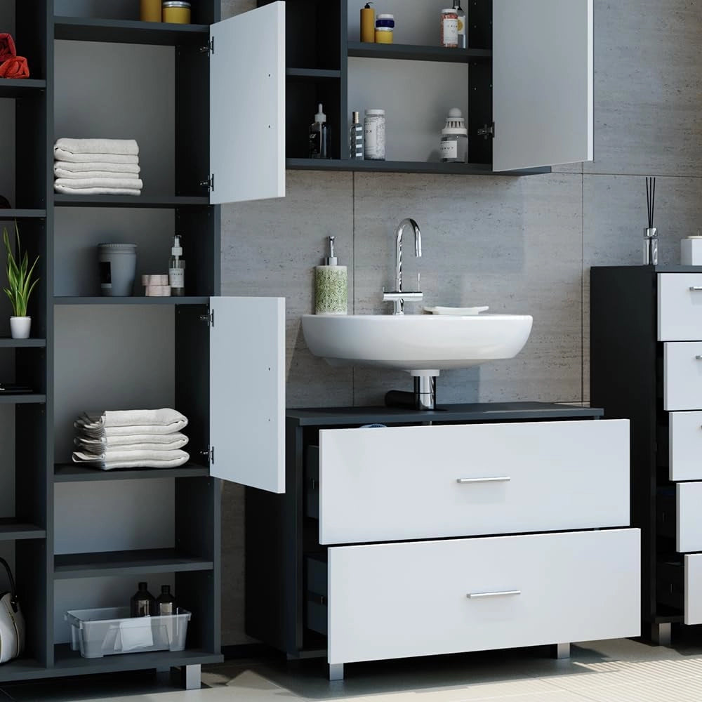 Set mobili bagno Ilias, Bianco/antracite, 80.2 cm, composto da mobile lavabo, pensile a specchio, colonna e base media