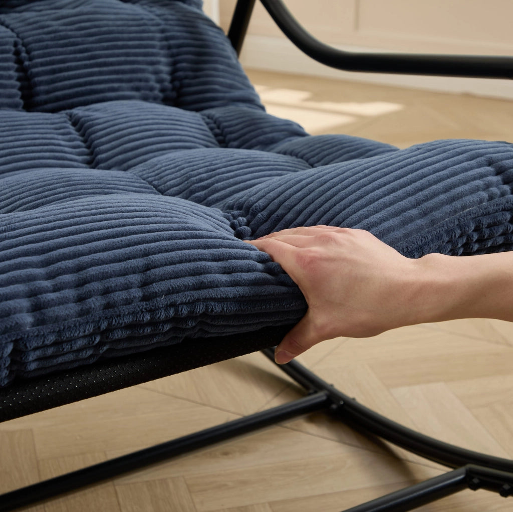 Sedia a dondolo da esterno in acciaio 75x116x82 cm con cuscino spesso in velluto a coste blu navy