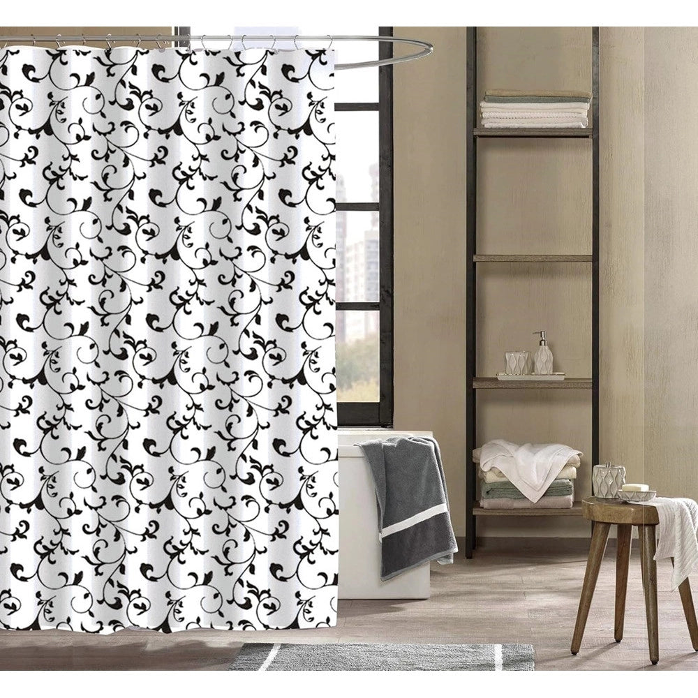 Trade Shop - Tenda Doccia Vasca Da Bagno 12 Ganci Motivo Floreale Bianco Nero 240x200cm 87568 -