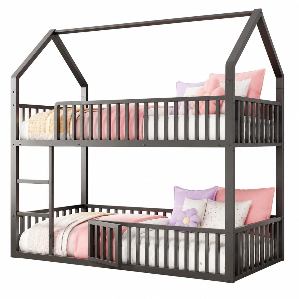 Letto a castello in metallo 90x200 cm con scala frontale e porta apribile; nero