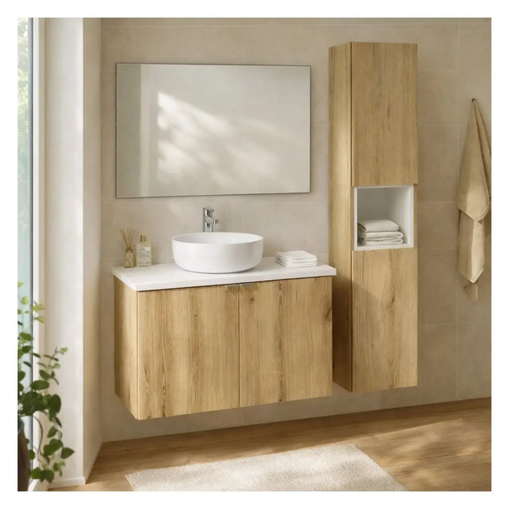 Set da bagno VANO effetto rovere e bianco 110cm: mobili sotto lavabo con ante + piano per lavabo + colonna