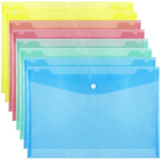 Set di 8 cartelle per documenti, contenitori trasparenti per documenti, contenitori A4 per documenti, cartelle A4 per archiviazione, cartelle per documenti, contenitori per portafoglio con chiusura a pressione per l'organizzazione dei documenti