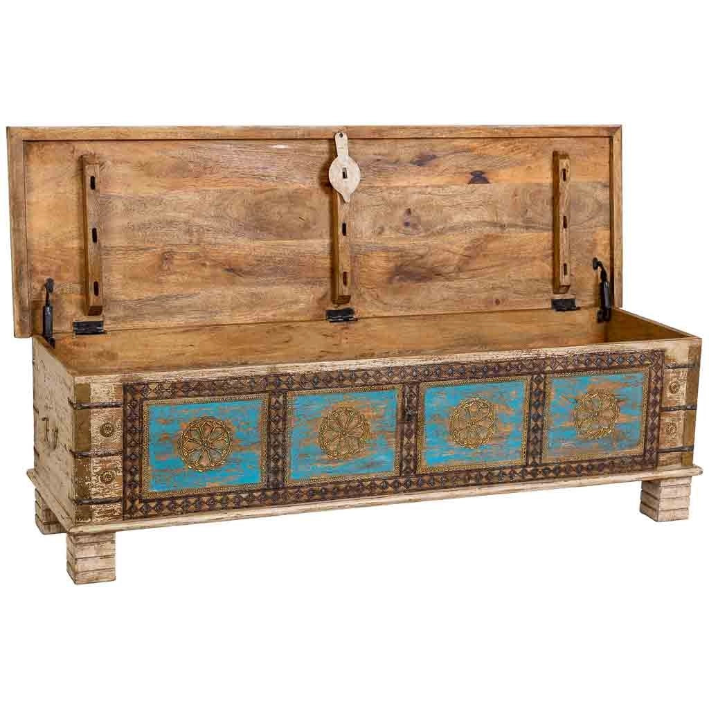 Baule in legno fatto a mano, bianco e blu, 150x45x46h cm