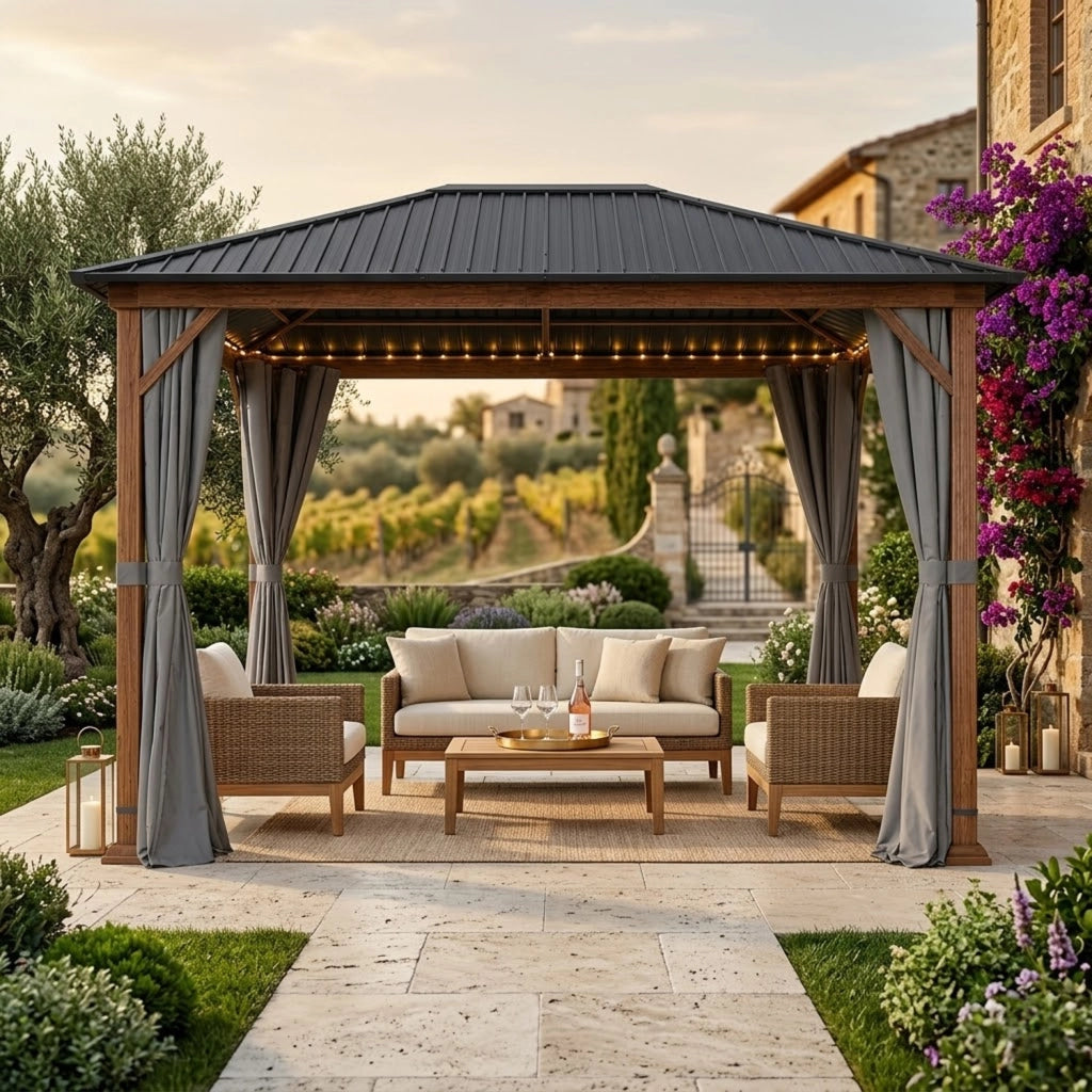 Gazebo Per Giardino 3x4 Metri Con Struttura Effetto Legno Tetto In Acciaio Zincato E Tende Laterali Impermeabili Adatto A Patio Terrazza E Outdoor 300 x 400 x 295 Cm Effetto Legno E Grigio