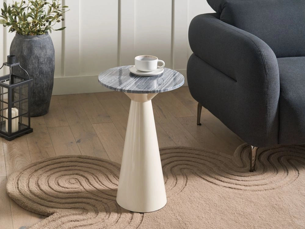 Tavolino bianco e grigio con base in metallo e piano in marmo verniciato a polvere moderno rotondo per soggiorno