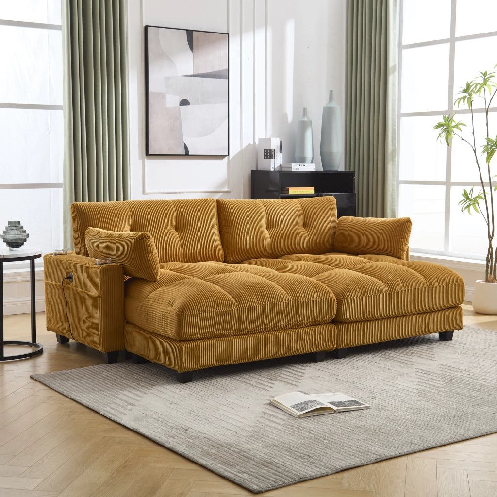Poltrona Lounge Con USB E Portabevande; Braccioli Reversibili; Cuscino Poggiatesta Regolabile in Velluto A Coste Giallo Senape