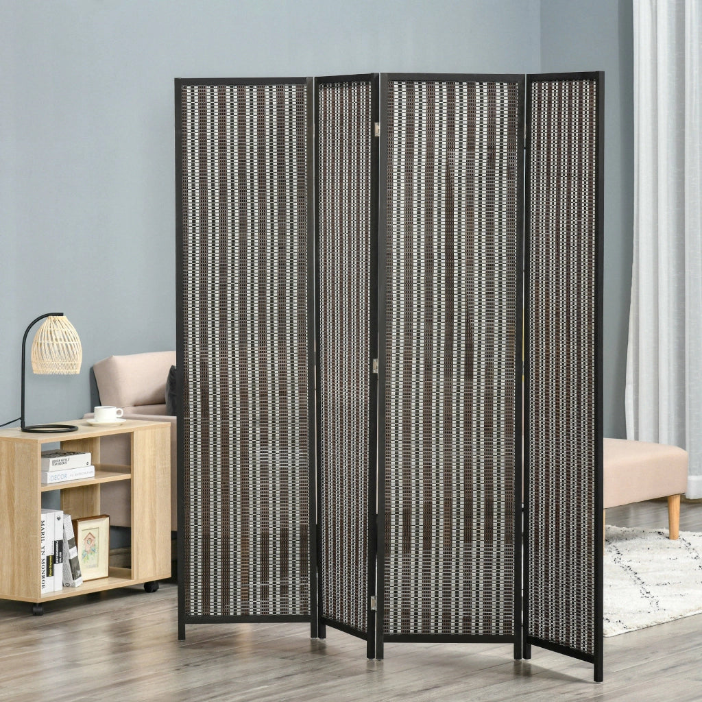 Paravento per Interni, Separ¨¦ Pieghevole a 4 Pannelli, Divisorio per Ambienti in Legno e Bamb¨´, 180x180x1.9cm, Nero e Marrone