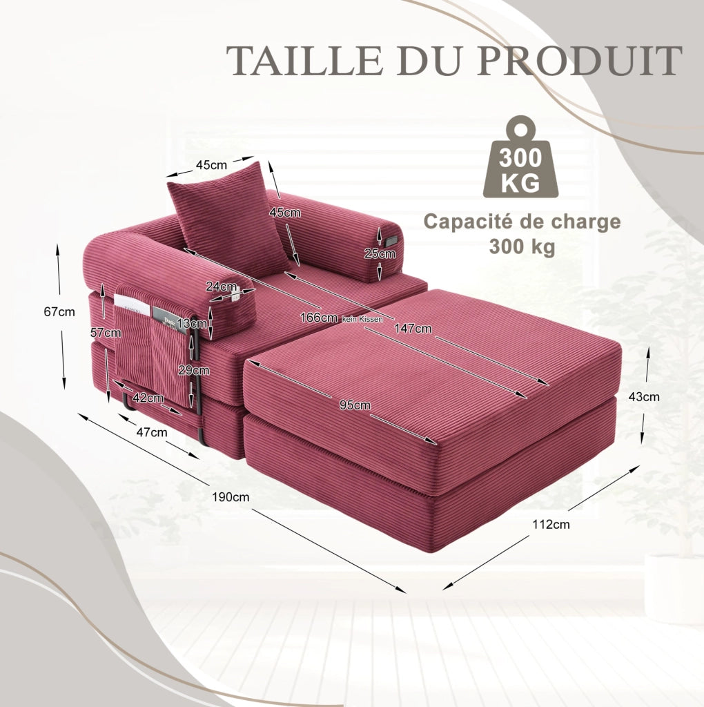 Divano modulare in velluto a coste bordeaux 112x190x67 cm con pouf; cuscino e tasca laterale