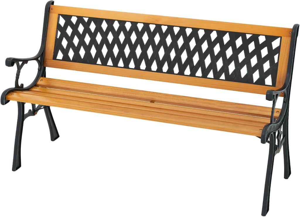 GIANTEX Panca da Giardino a 2 Posti in Legno, Panchina in Ghisa con Schienale e Braccioli, Stile Vintage, per Giardino, Balcone, Terrazza, 125x52x73 cm