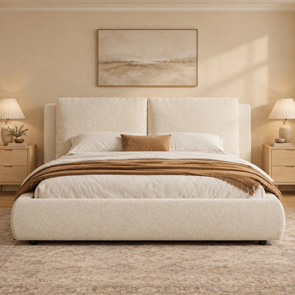 Letto imbottito 180x200 cm con rete a doghe e testiera in boucl¨¦ beige