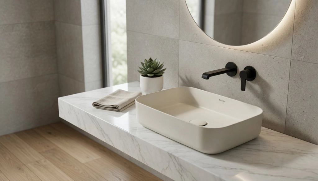 Lavabo rettangolare da appoggio senza troppo pieno in ceramica senza foro rubinetto - Avorio Opaco