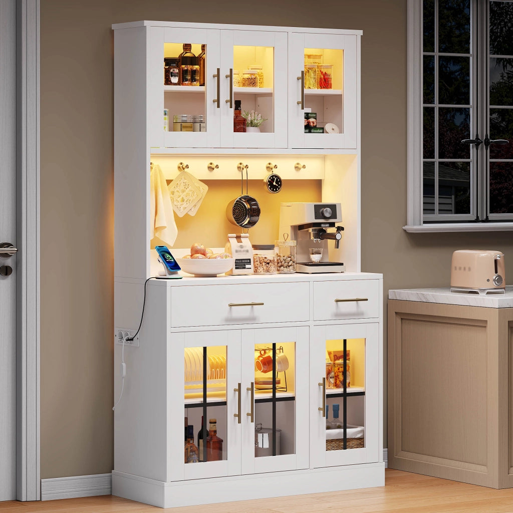 Credenza da cucina con LED smart, 2 cassetti, 3 ante e ripiani regolabili, bianco
